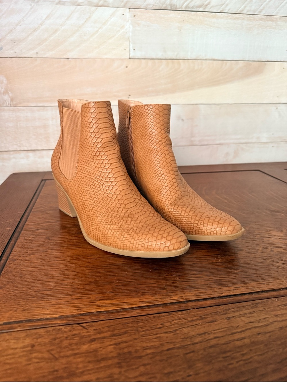The Limited Tan Snake-Embossed Ankle Boots